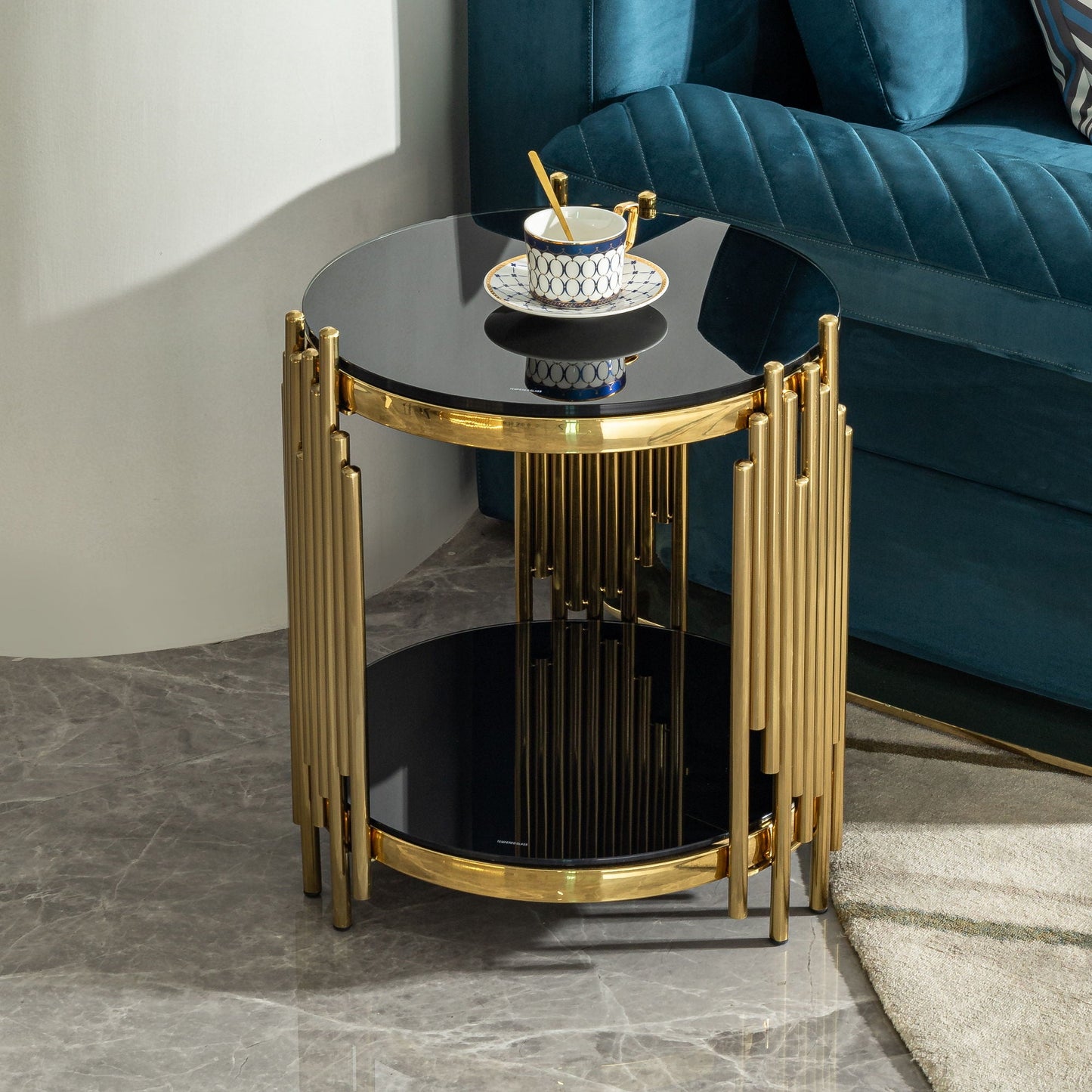 Elegant Round Table With Double Layer Tempered Glass Top And Stainless Steel Frame For Living Room