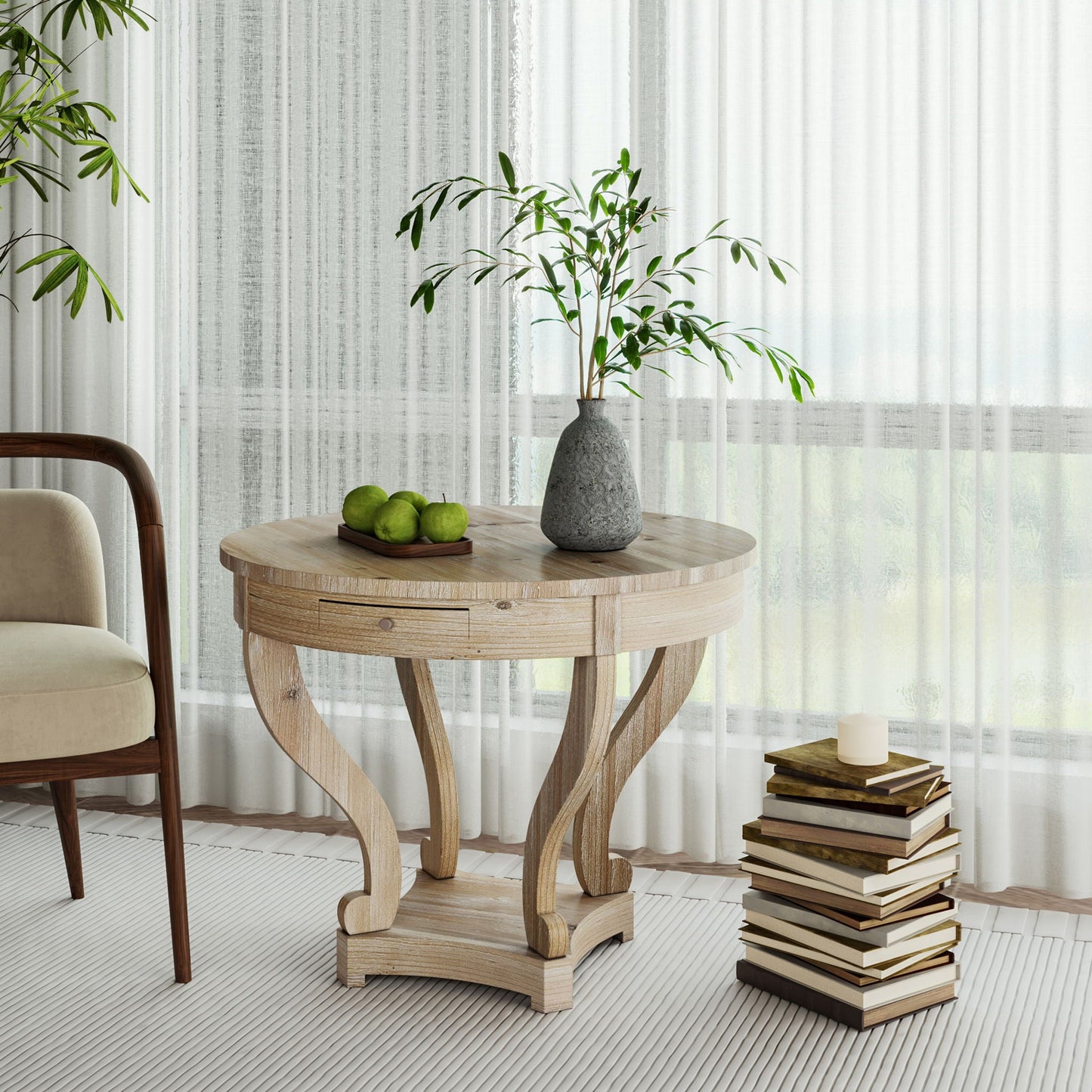Curved Legs Farmhouse Style Small Size Round Dining Table End Table Side Table Coffee Table For Dinette, Kitchen, Dining Room Or Living Room - Natural Wood Grain Distressed
