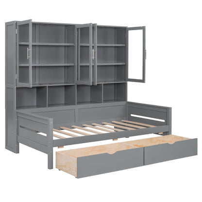 Daybed With Glass Door Storage Cabinets, Built In LED Lighting And Shelves