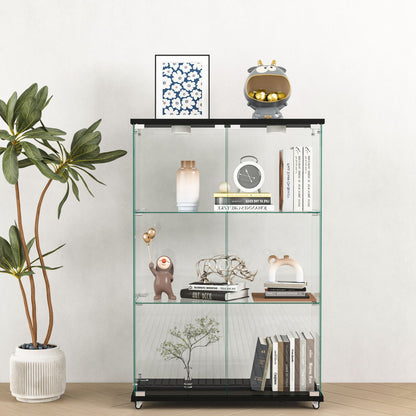 Modern Display Cabinet With LED Lights, Transparent Tempered Glass 2 Door Storage Case With 3 Shelves