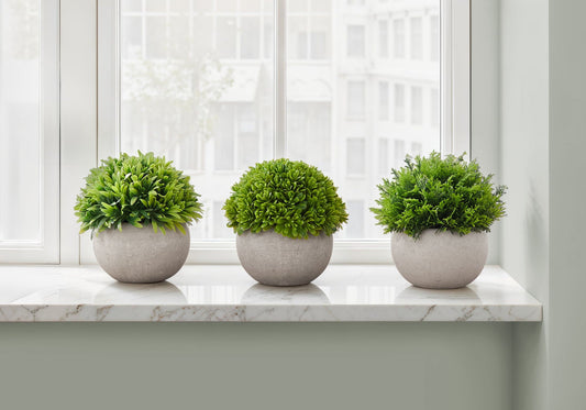 5" Tall, Artificial Plant, Grass, Indoor, Faux, Fake, Table, Greenery, Potted, Decorative (Set of 3) - Green / Gray