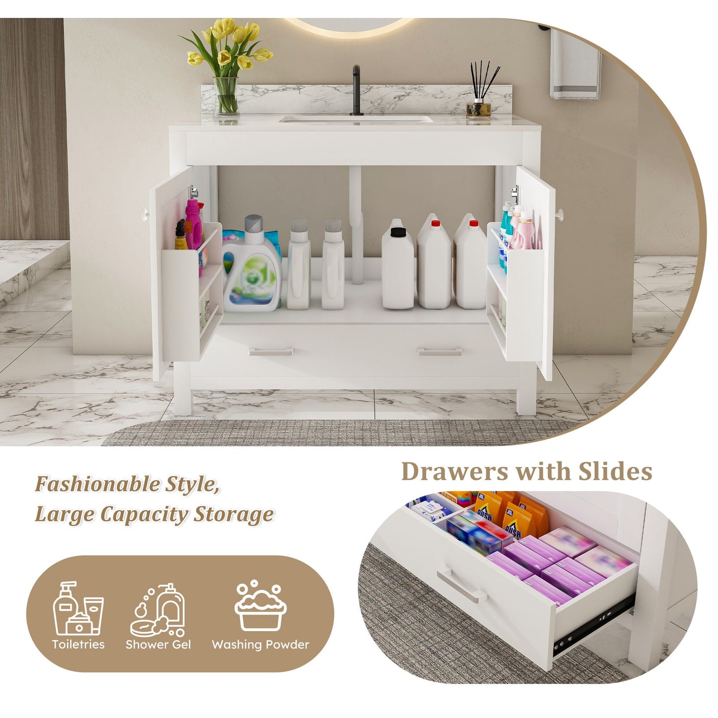 43" Bathroom Vanity, Multi Functional Cabinet - White