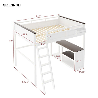 Queen Size Loft Bed With Desk, Open Shelf, Storage Box And USB Charging Station - White
