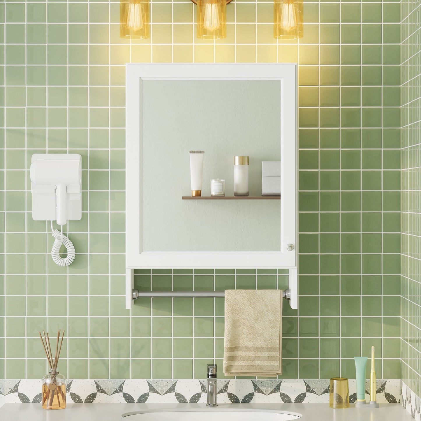 3 In 1 Wall Mounted Bathroom Mirror Cabinet With Adjustable Shelf, Soft Close Door, Mirror & Towel Bar - White