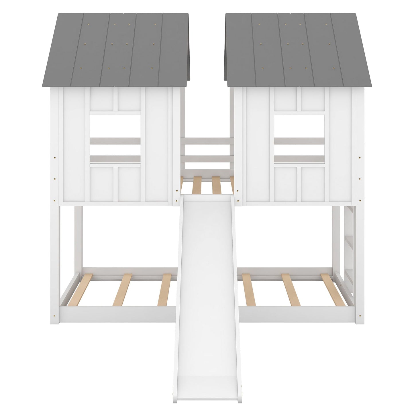 Twin Over Twin House Bunk Bed With Slide And Windows - White / Gray