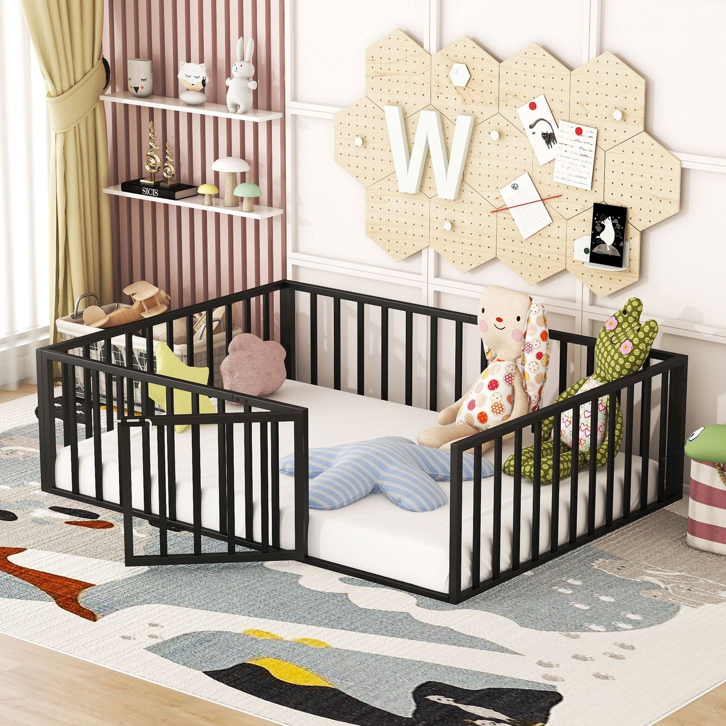 Metal Floor Bed Frame With Fence And Door