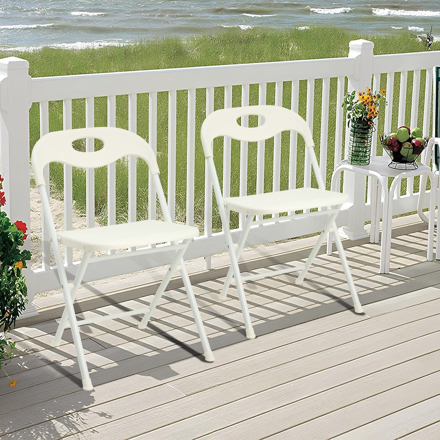 Folding Chairs, Stackable & Waterproof (Set of 4) - White