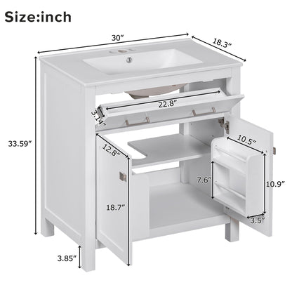 Bathroom Vanity With Ceramic Sink, Modern Single Bathroom Cabinet With 2 Doors And A Shelf, Soft Close Doors