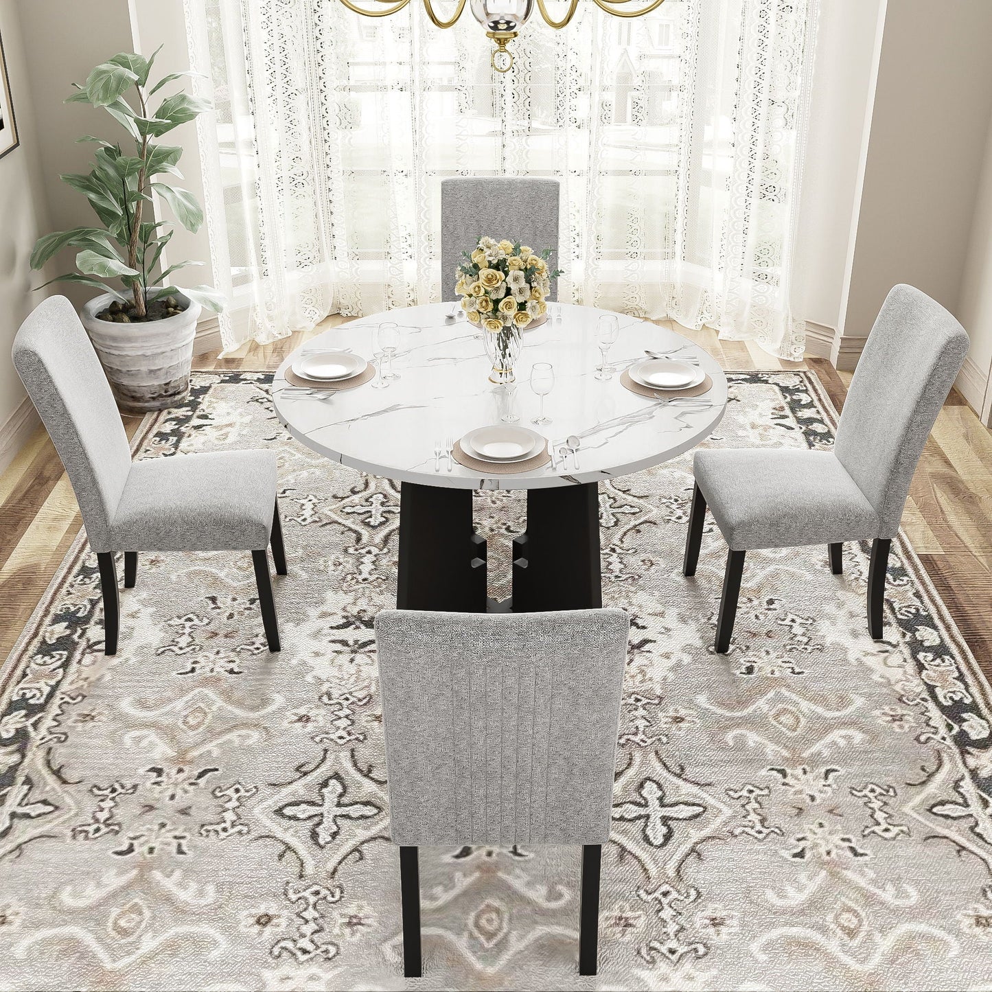 5 Piece Round Dining Table Set, Dining Table And 4 Upholstered Chairs For Dining Room, Kitchen Room, Living Room - White / Gray
