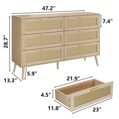 Rattan 6 Drawers Chest Of Dressers For Bedroom, Modern 6 Drawer Dresser, Wide Chest Of Drawers With Wood Handles, Rattan Dresser Storage Cabinet For Living Room, Bedroom, Hallway - Natural Wood / Oak