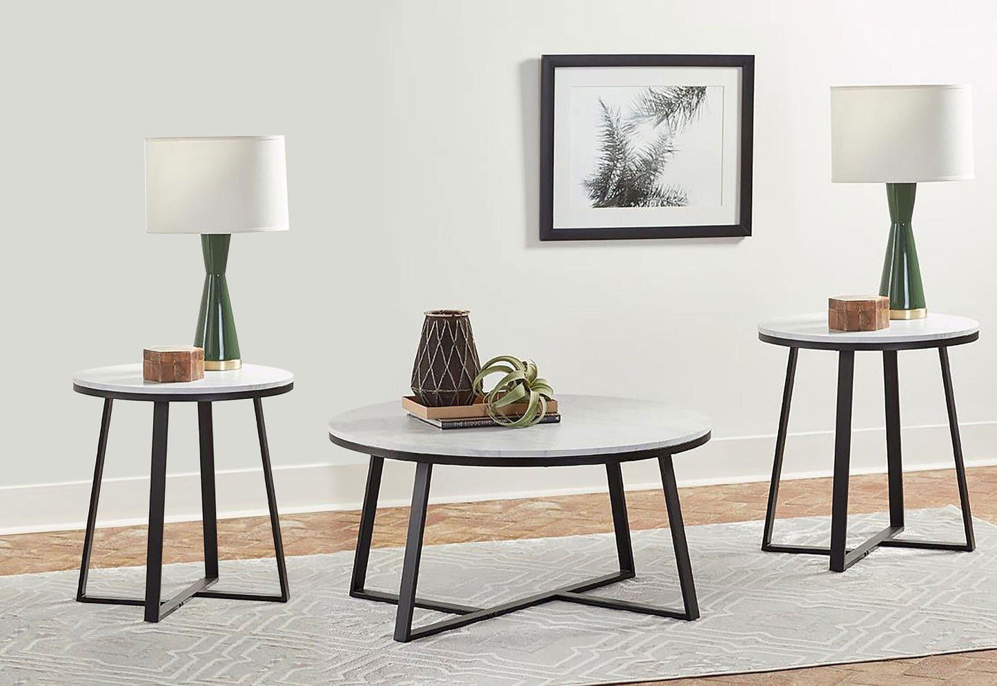 Hugo 3-piece Coffee and End Table Set White Faux Marble