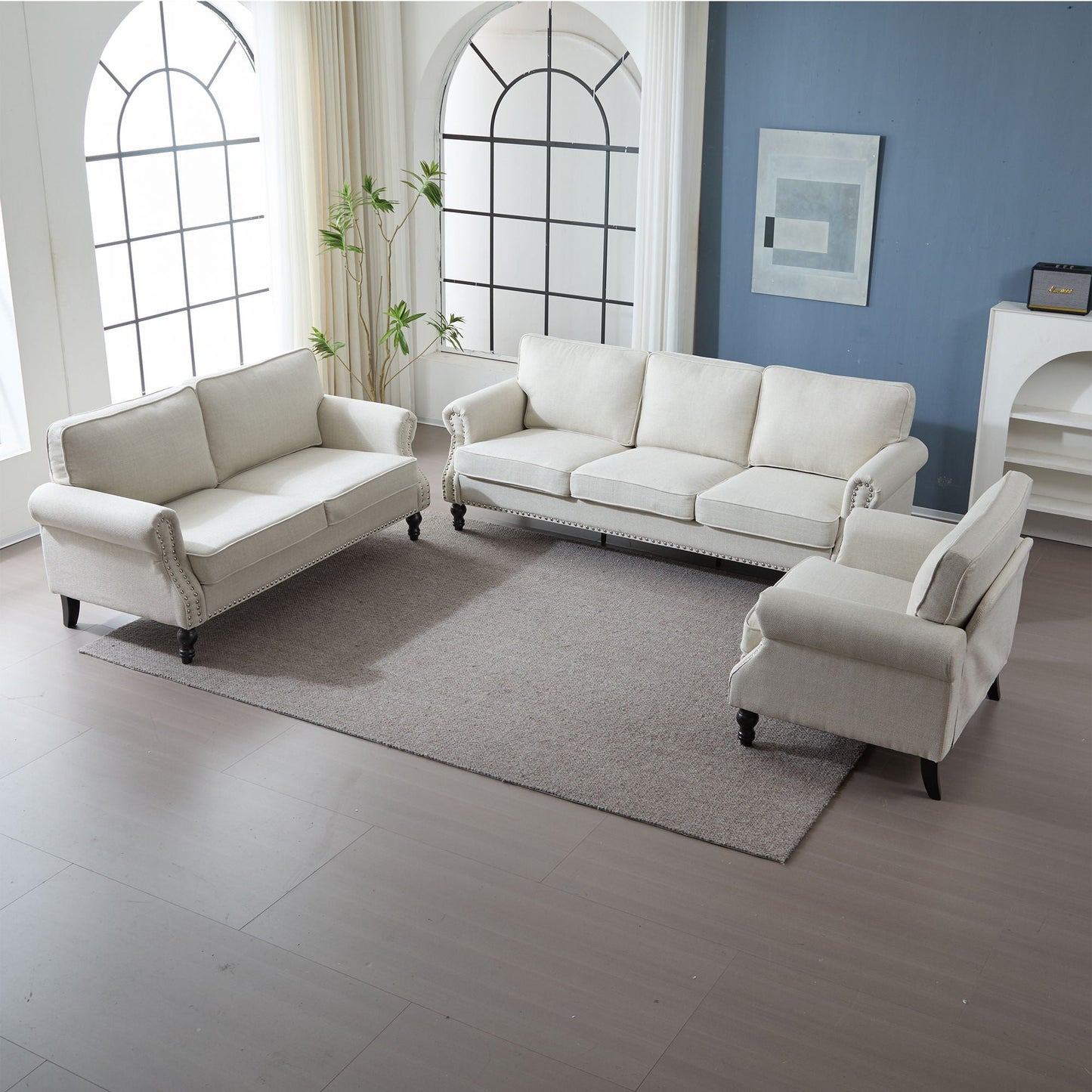 Rolled Arm Sofa With Nailhead Trim With Wooden Legs