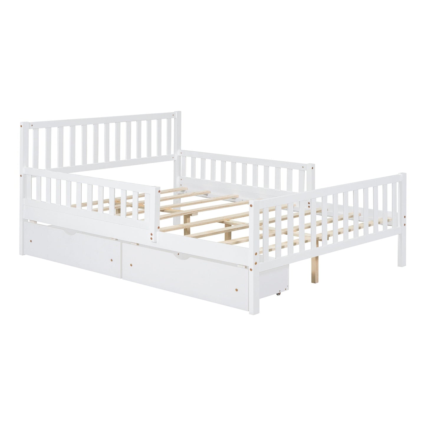 Platform Bed With Guardrails On Both Sides And 2 Storage Drawers