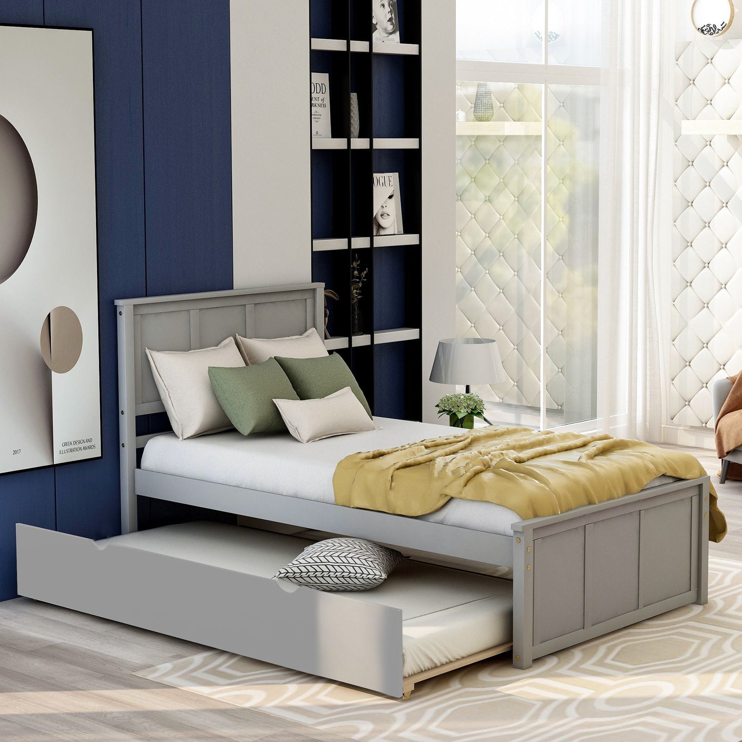 Platform Bed With Twin Trundle And Frame, Twin Size - Gray