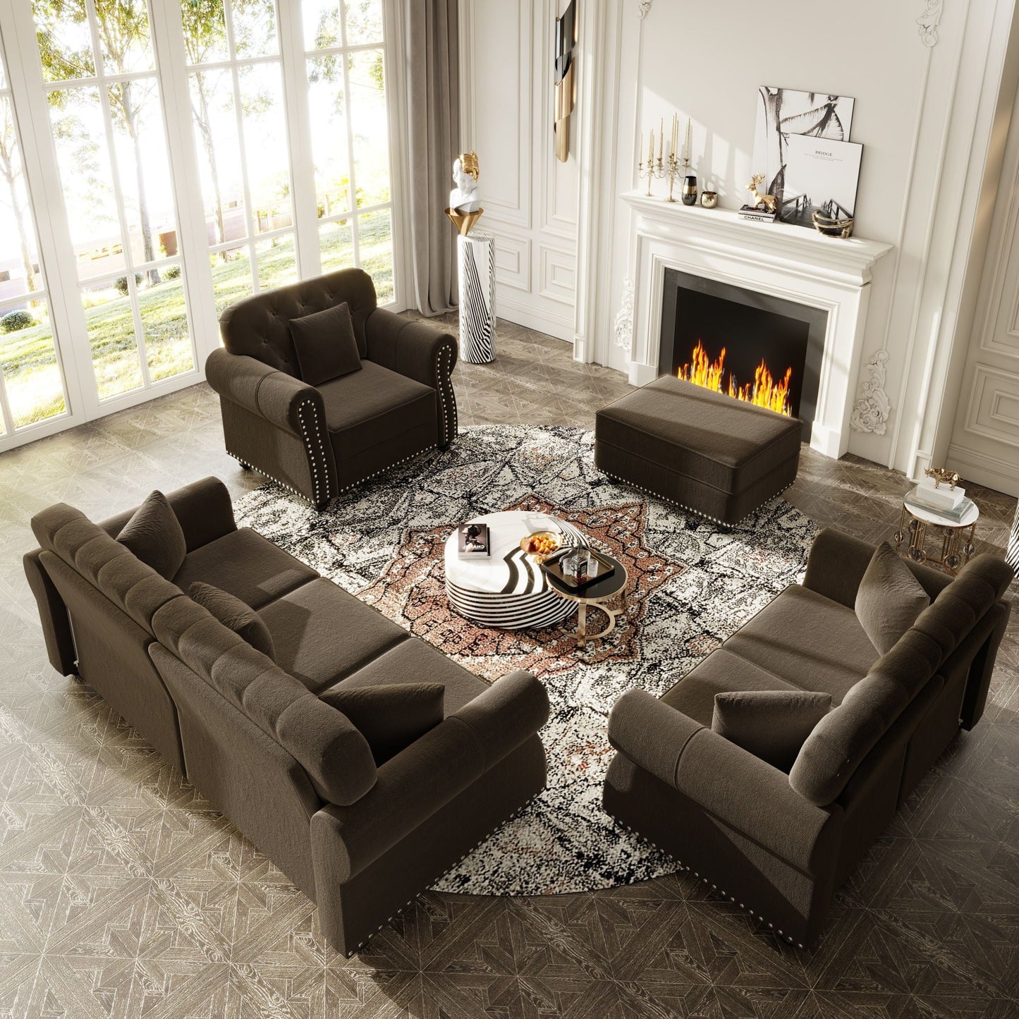 Upholstered Sofa Set With Nailhead Trim And Rolled Armrests, Includes Pillows