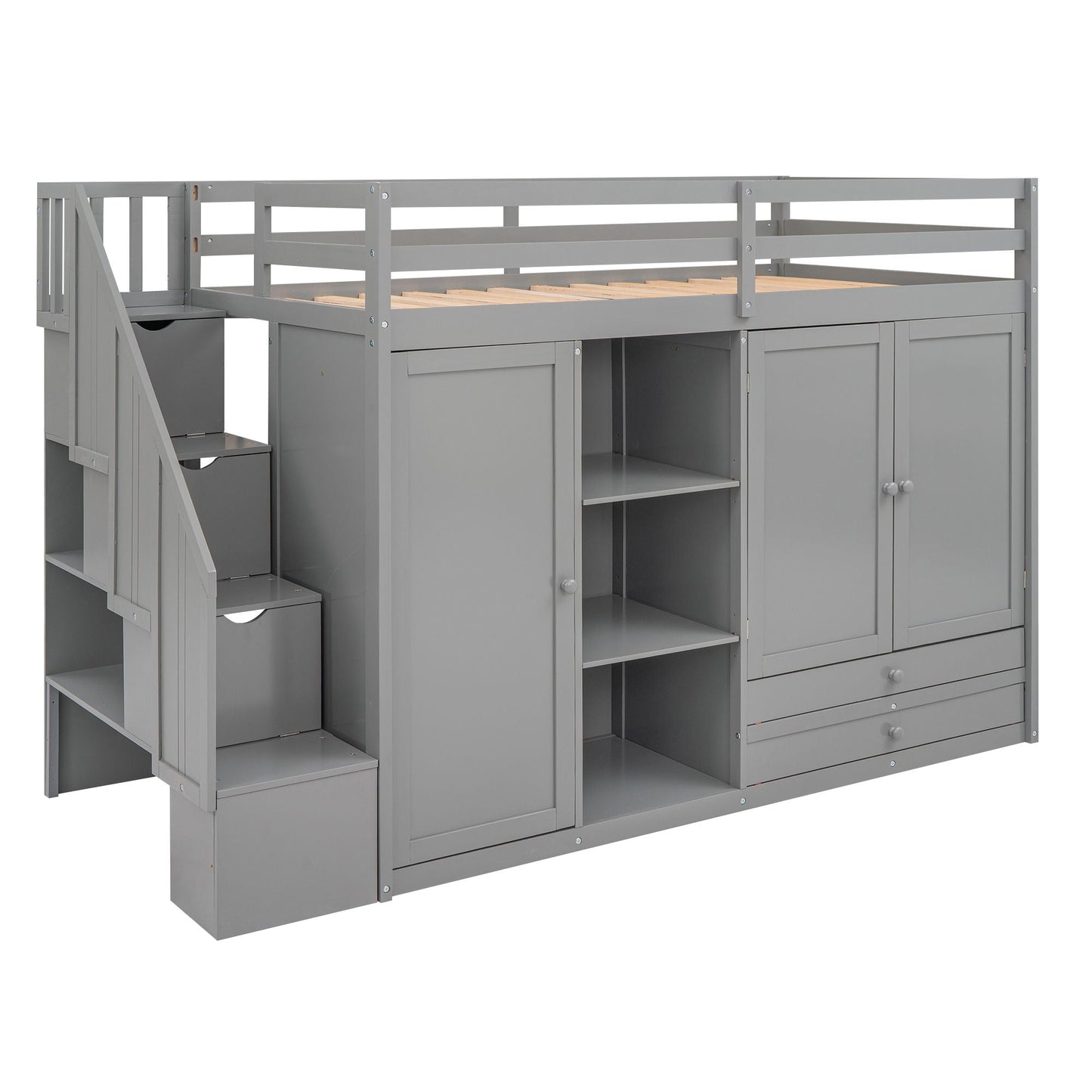 Loft Bed With 3 Shelves, 2 Wardrobes, 2 Drawers, Ladder Storage