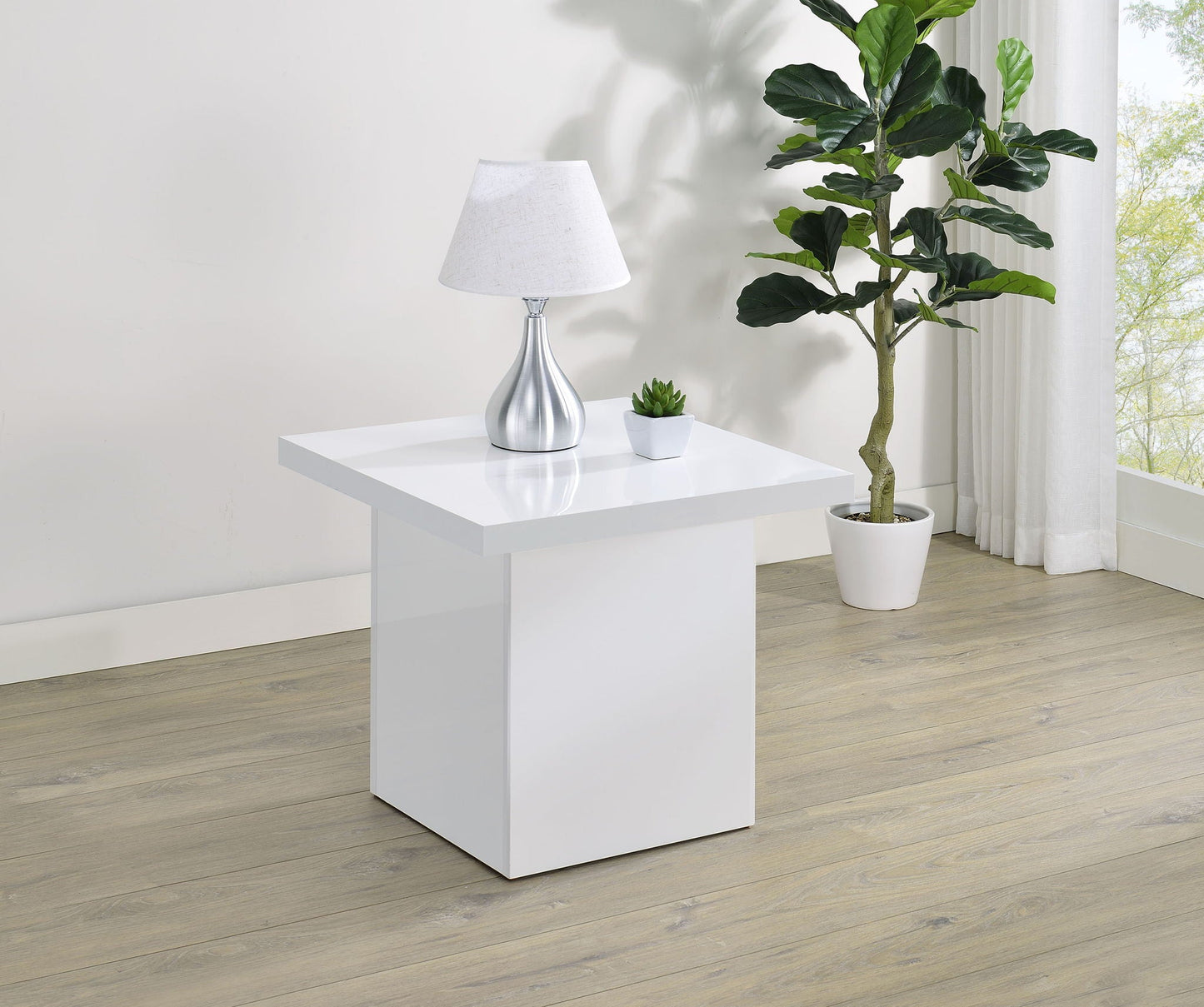 Devar Square Engineered Wood Side End Table White High Gloss
