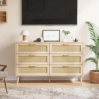 Rattan 6 Drawers Chest Of Dressers For Bedroom, Modern 6 Drawer Dresser, Wide Chest Of Drawers With Wood Handles, Rattan Dresser Storage Cabinet For Living Room, Bedroom, Hallway - Natural Wood / Oak
