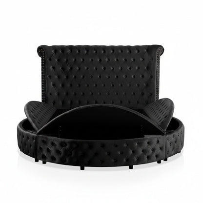 Glam Button Tufted Wingback Round Bed With Storage And USB Ports