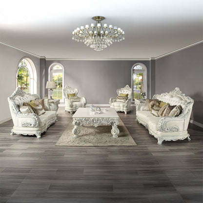 Adara - Chair With 2 Pillows - Pearl White Synthetic Leather & Antique White