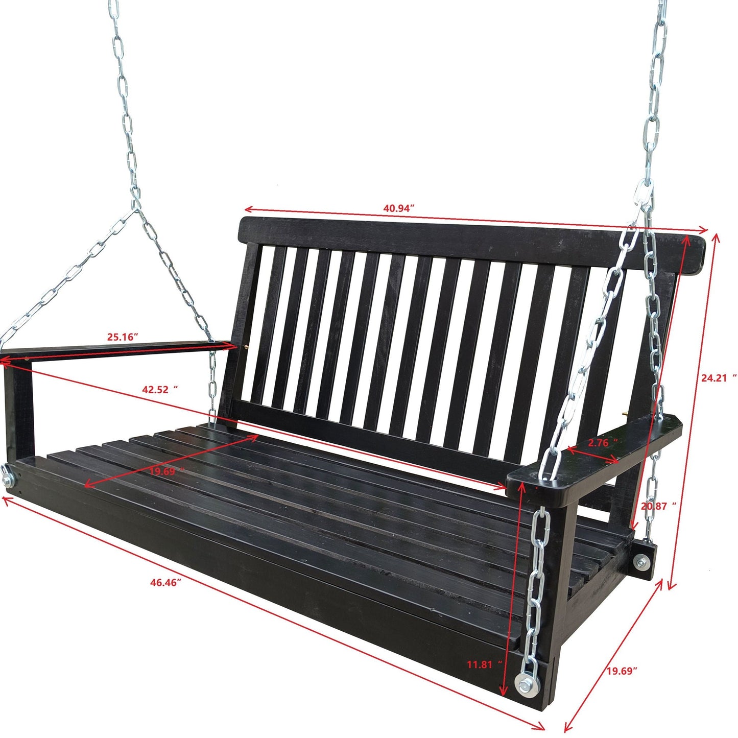 Front Porch Swing With Armrests For Outdoor Patio, Garden Yard, Backyard Or Sunroom