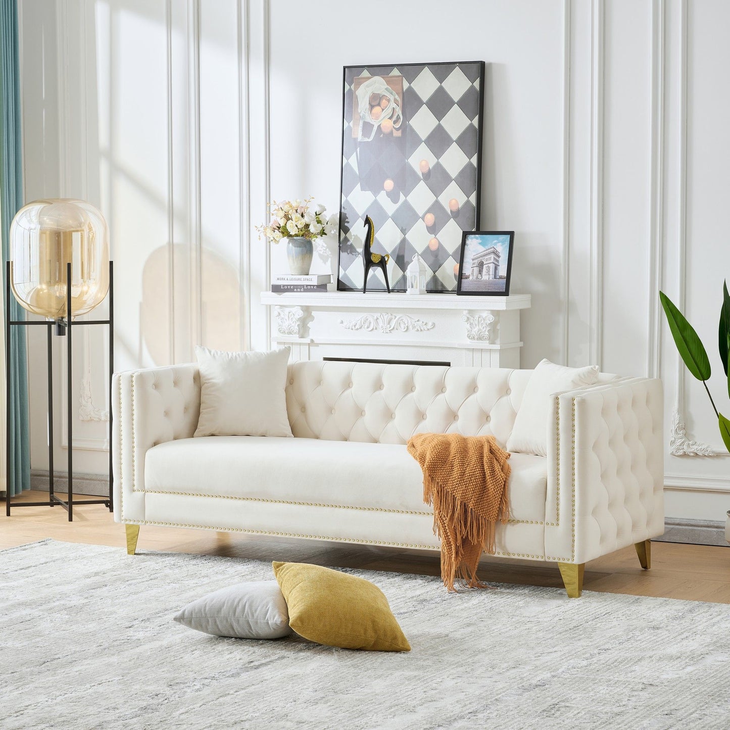 3 Seater Deep Seat Sofa, Sofa With Button Nailhead, Square Arm