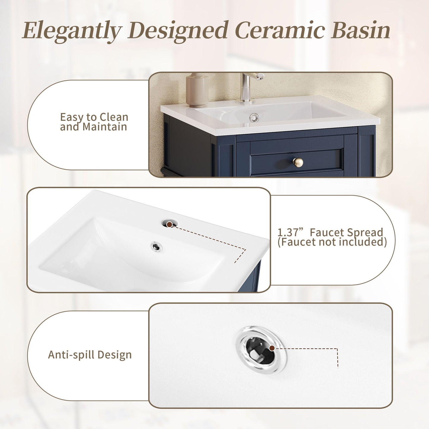 French Style Bathroom Vanity With Sink, Soft-Closing Door, Adjustable Shelf, Rectangular Design