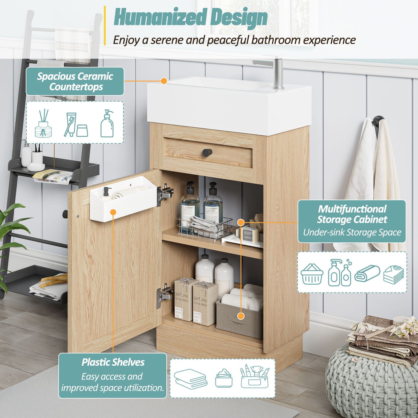 Bathroom Vanity With Reversible Resin Sink, Cabinet & Zinc Alloy Handles - Wood