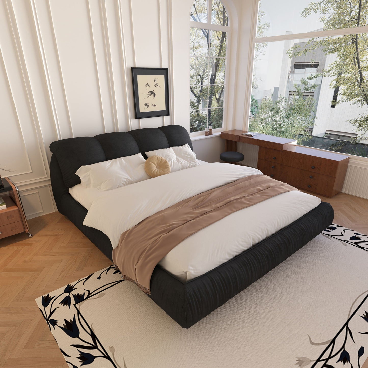 Luxury Upholstered Platform Bed With Oversized Padded Backrest And Solid Wood Frame
