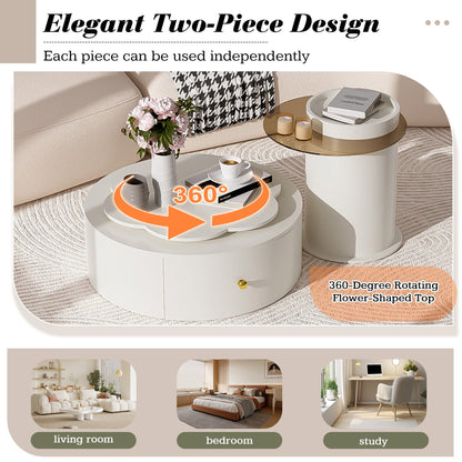 Modern Round Coffee Table (Set of 2), 360 Degree Rotatable Flower Shaped Top With 2 Drawers, Top Circle Side Table End Table With Glass For Living Room - Off White
