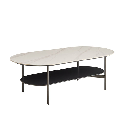 Contemporary Coffee Table Sintered Stone Surface With Ceramic Finish Double Layer Design Base Matte Shelf Modern Living Room Center Table - White / Gray