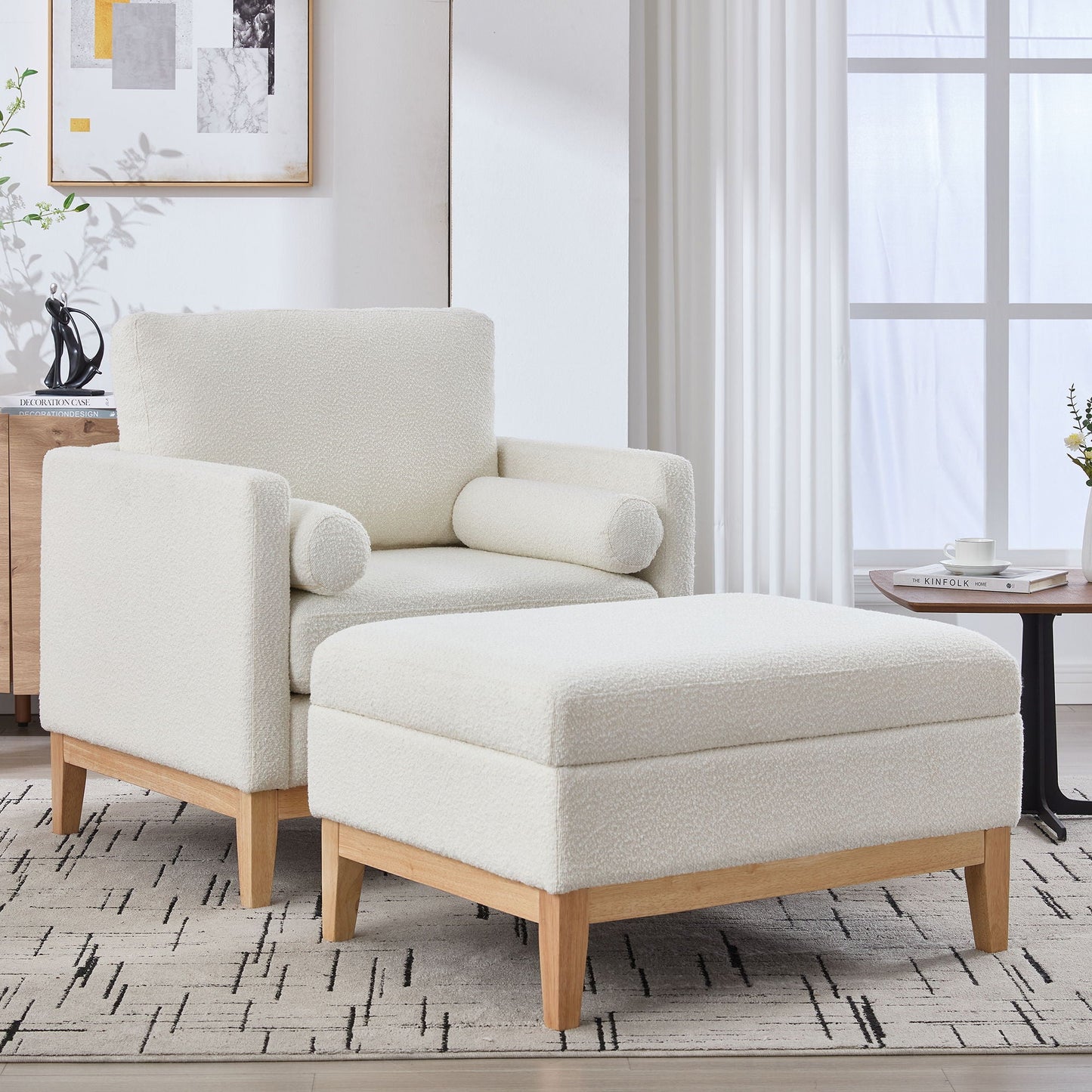 Oversized 360 Degree Swivel Barrel Accent Chair And Ottoman Set With Storage