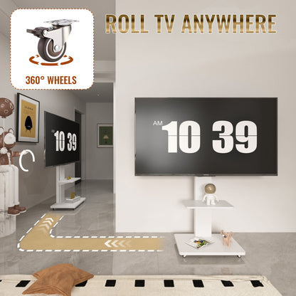 Mobile TV Stand With Shelf Floor Mount Cart For TVs With Lockable Wheels Ideal For Living Room Bedroom Or Office - White