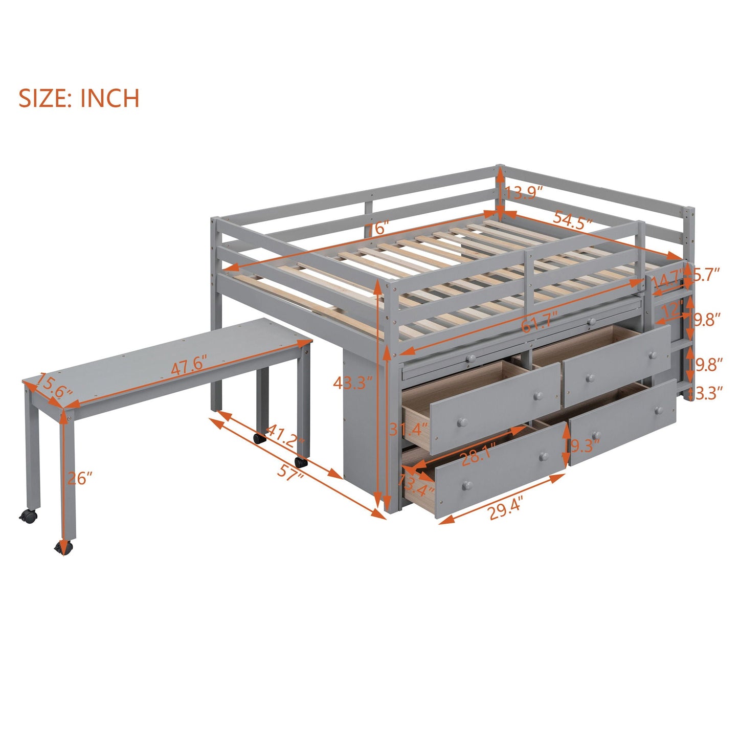Loft Bed With Retractable Writing Desk And 4 Drawers, With Lateral Portable Desk And Shelves