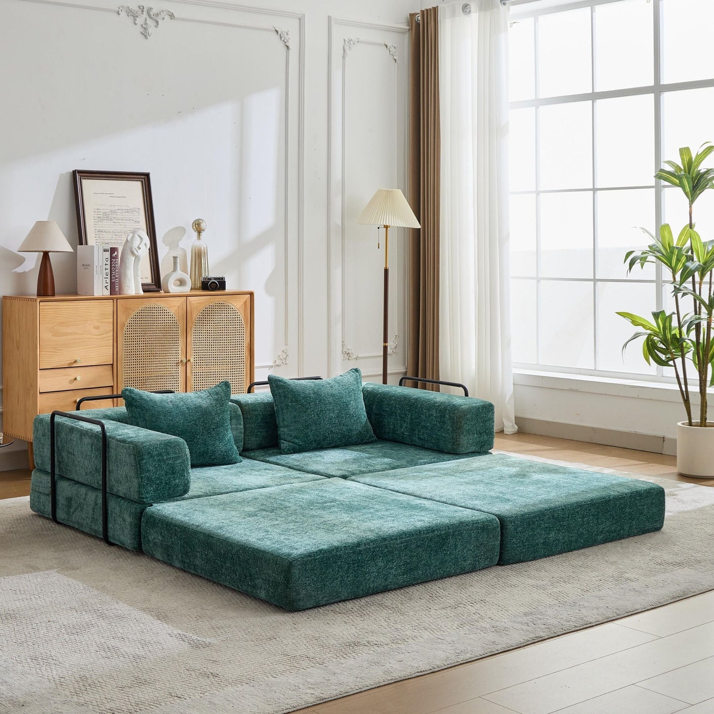 Convertible Floor Sofa Bed With Pillow Back Support Armrest