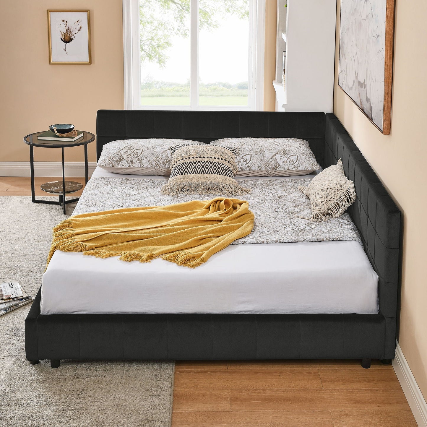 Mid-Century Storage Upholstered Tufted Bed Frame With Backrest And Armrests
