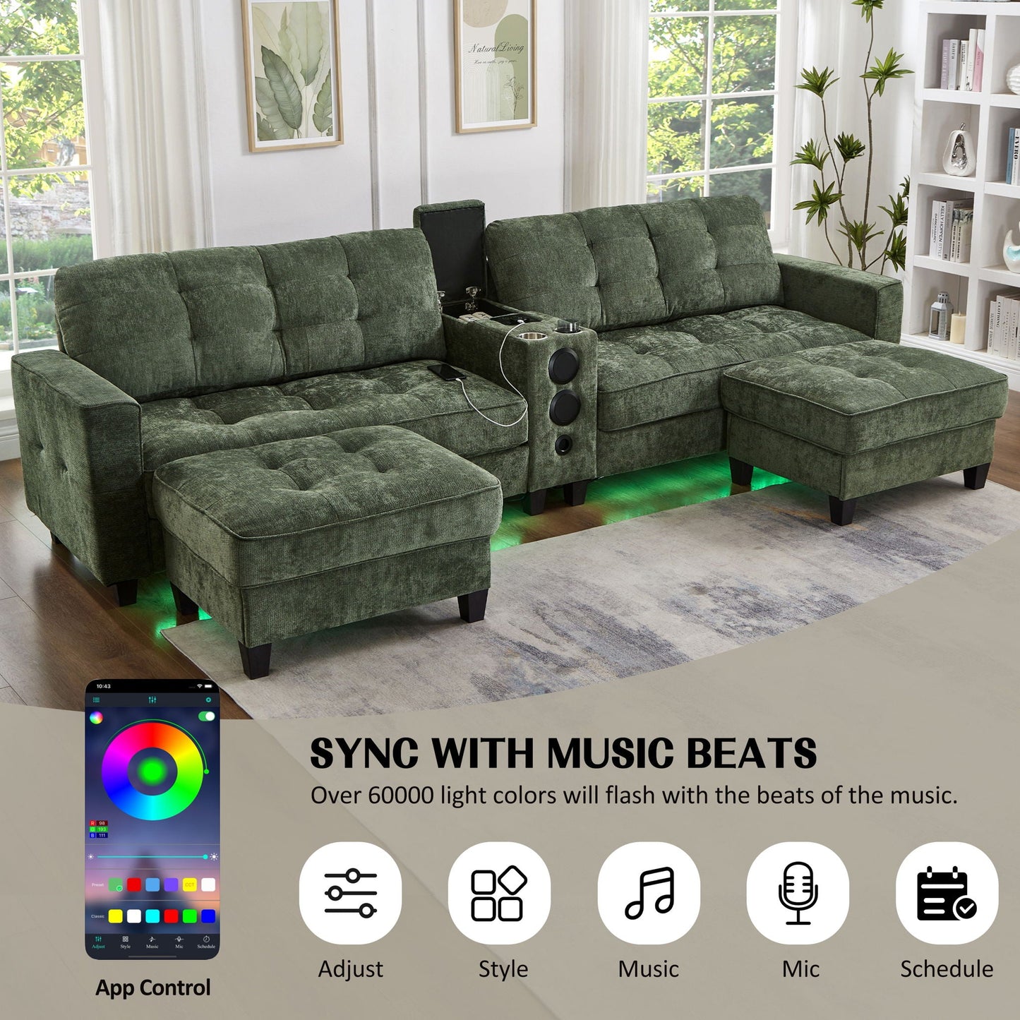 Modern Sectional Sofa U-Shaped With Movable Ottomans, tooth Speakers, LED Lights And Modular Storage