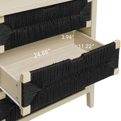 3 Drawer Buffet Sideboard With Adjustable Shelves, Storage Cabinet With Natural Seaweed Decor Doors For Living Room Kitchen Entryway - Natural