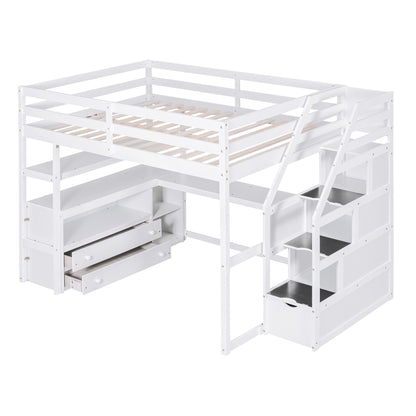Loft Bed With Desk, Shelves, 2 Drawers, Storage Staircase