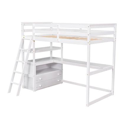 Modern Loft Bed With Built In Desk, Shelves, And 2 Drawers