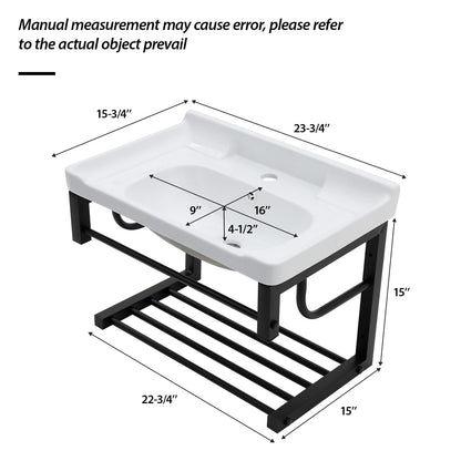 Wall Mounted Rectangular Bathroom Sink With Towel Bar & Overflow - White