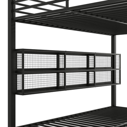 Queen Over Queen Bunk Bed With Storage Cabinets And LED Sturdy Frame, 6 Storage Units, Adjustable LED Lights - Black