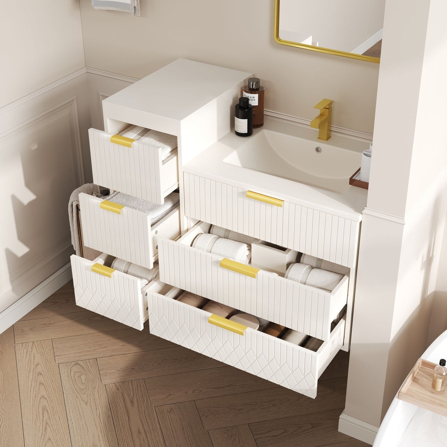 Wall Mounted Floating Cabinet With Side Cabinet Combo, Rectangular Ceramic Sink Vanity