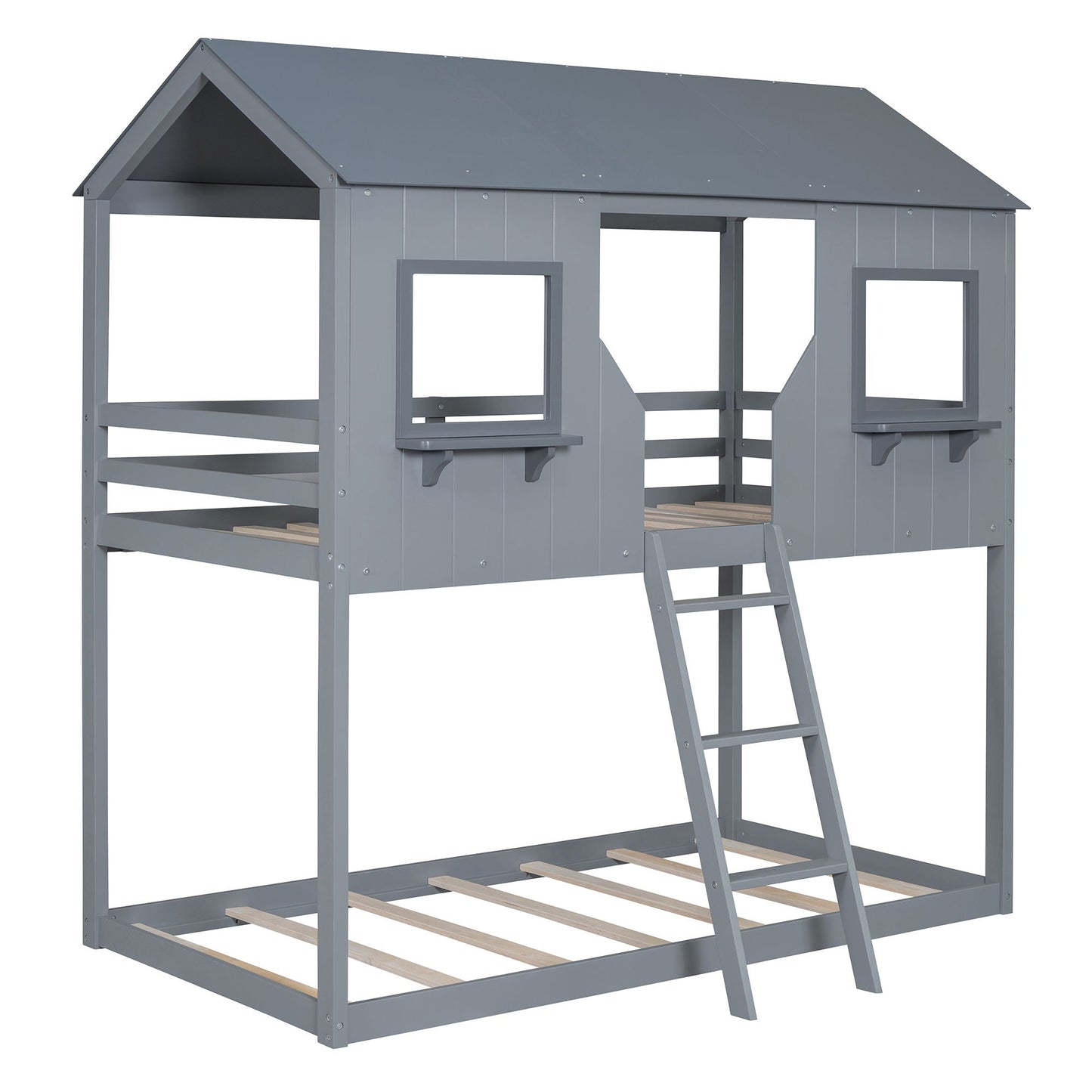 Twin Over Twin Bunk Bed With Roof, Window, Guardrail, Ladder