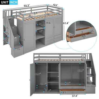 Loft Bed With 3 Shelves, 2 Wardrobes, 2 Drawers, Ladder Storage