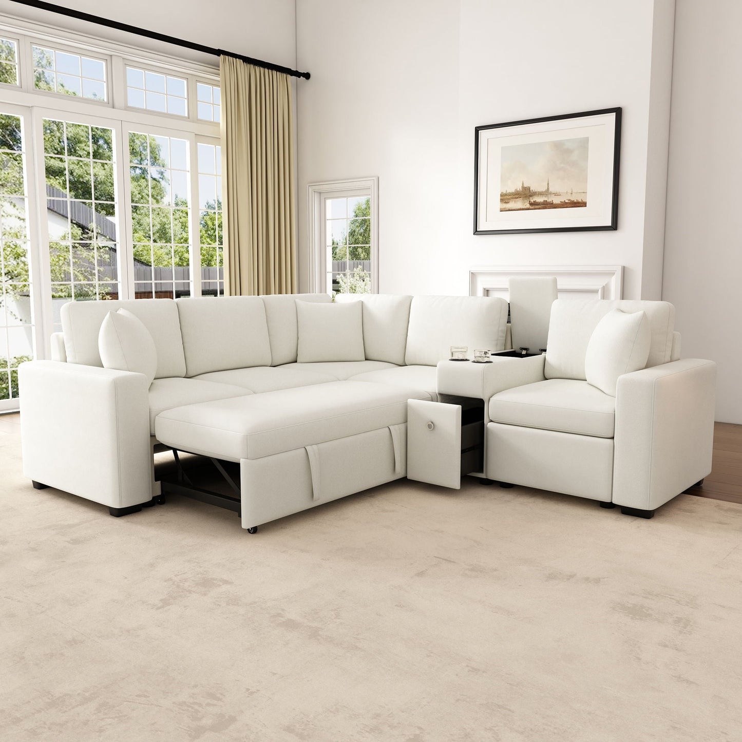 Modular L-Shaped Sectional Sofa Bed With Pull-Out Sleeper, Cup Holders, And Storage