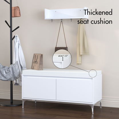 Wall Mounted Entryway Shelf With Hooks And Storage Bench Set - Off White