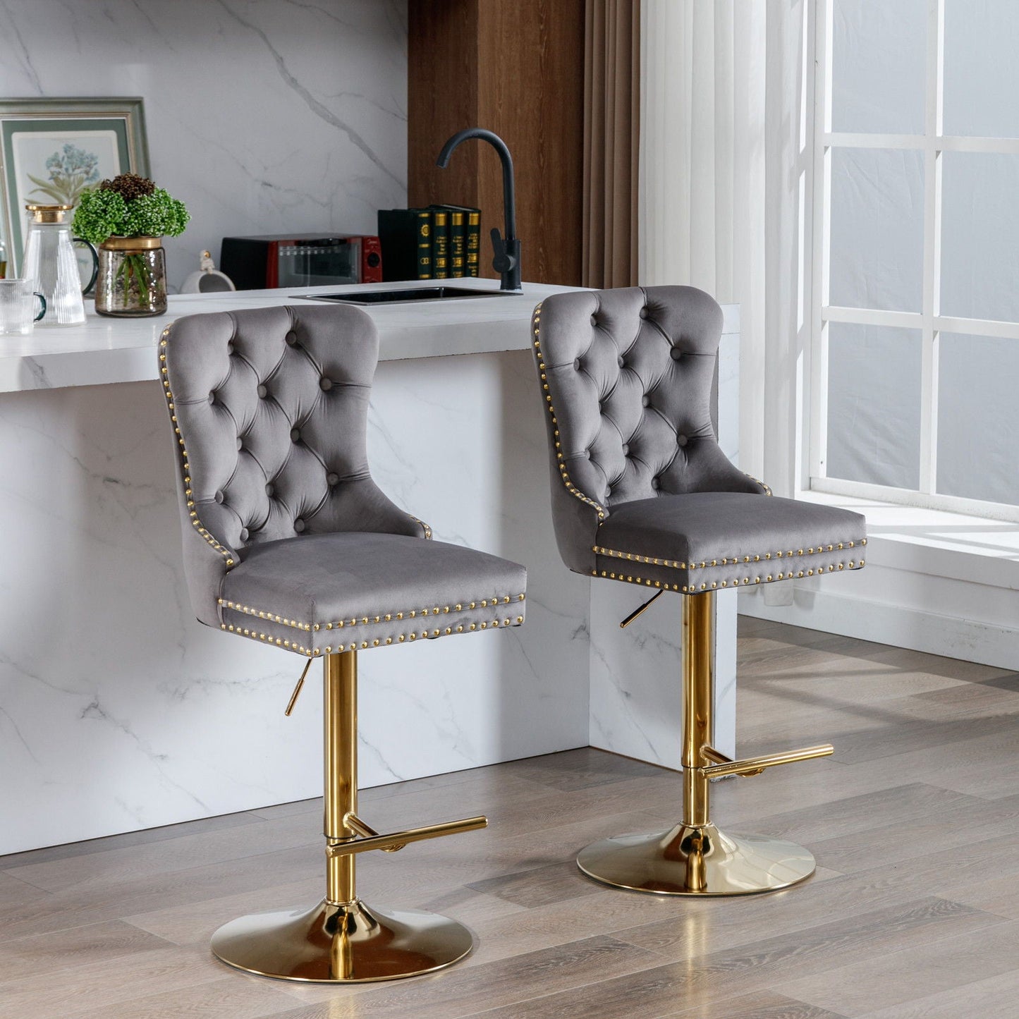 Thick Swivel Barstools Adjusatble Seat Height From 25-33", Modern Upholstered Bar Stools With Backs Comfortable Tufted For Home Pub And Kitchen Island (Set of 2)