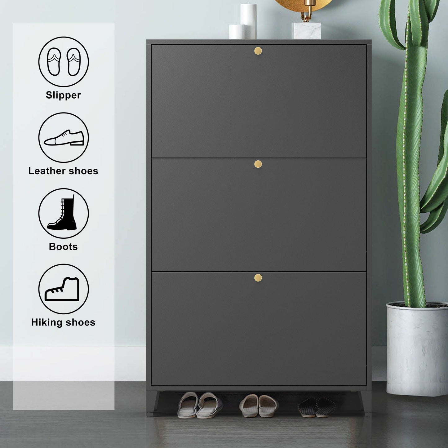 3 Drawer All Steel Shoe Cabinet, Freestanding Storage Organizer With Flip Door