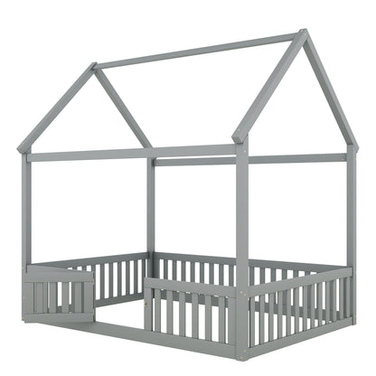 Wood House Bed With Fence And Door
